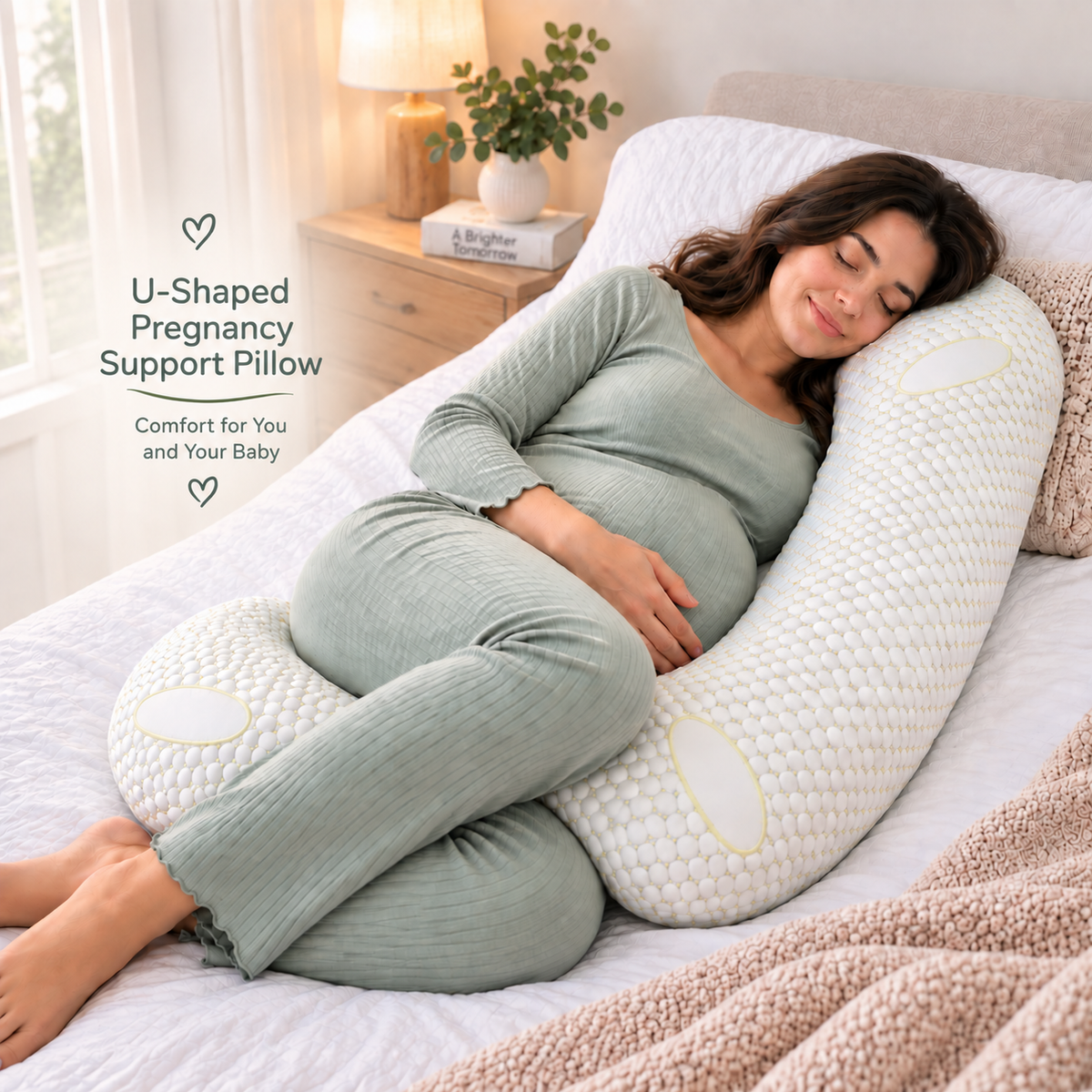 A woman in a sage green ribbed pajama set rests on a bed using a large U-shaped maternity support pillow. The pillow is cream with subtle yellow-green oval accents.